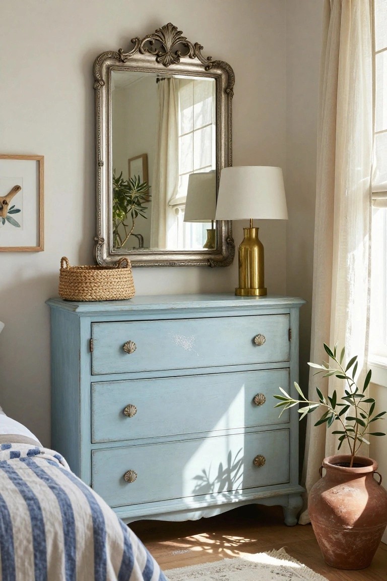 A light blue distressed dresser with shell knobs sits below an ornate silver mirror, topped with a gold lamp and a woven basket, next to a terracotta pot with a green plant.