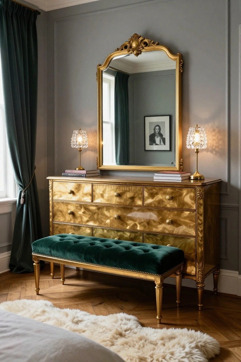 A gold metallic dresser with an ornate gold mirror above it, flanked by two crystal lamps, and a green velvet bench in front.