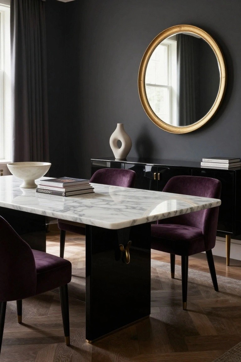A dining room with a marble-topped table, purple velvet chairs, a glossy black sideboard holding a white vase, and a large round gold-framed mirror on the dark wall.