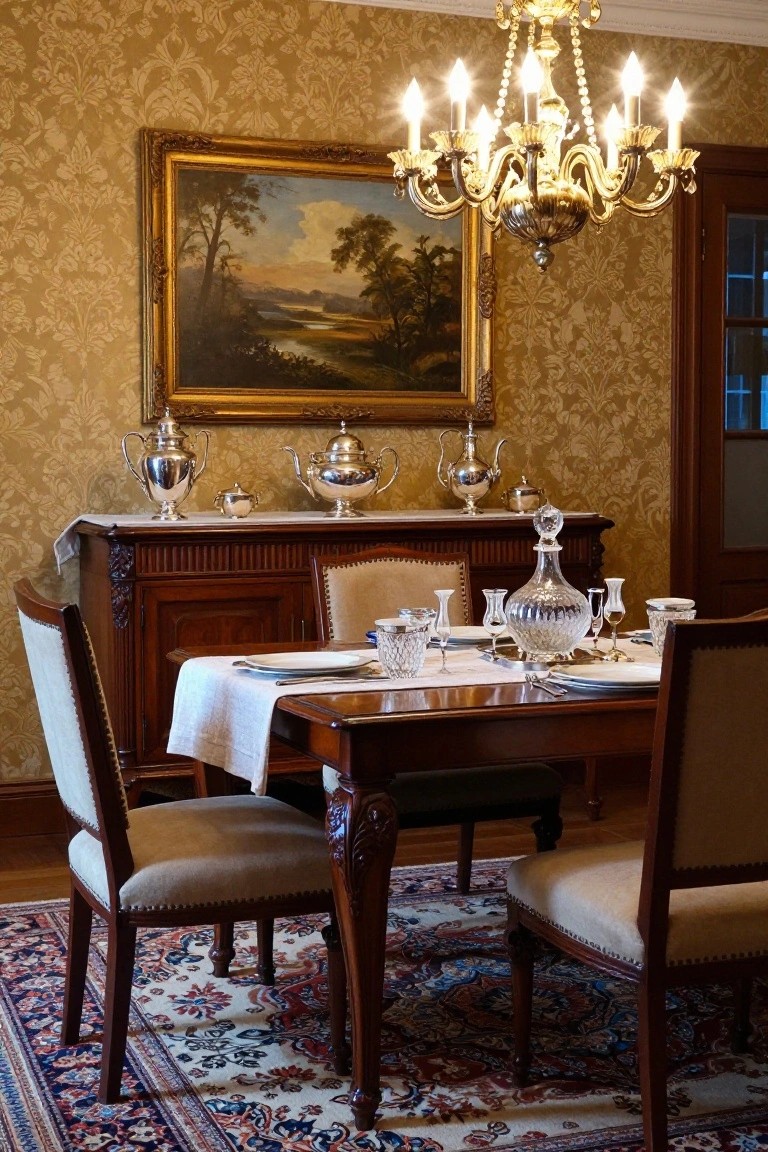 Elegant dining room with wooden table, silverware, chandelier, and landscape painting.