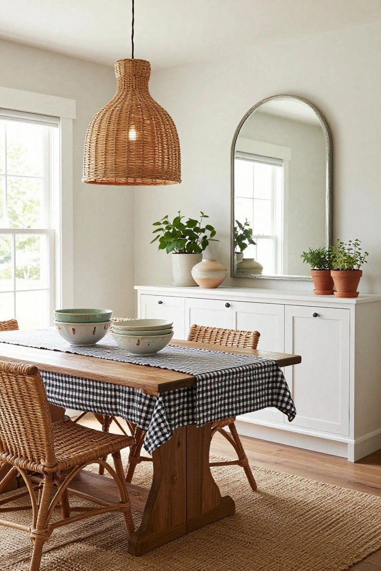 A white sideboard with an arched mirror above it stands against the wall in a dining room with a wooden table, wicker chairs, and a woven pendant light.