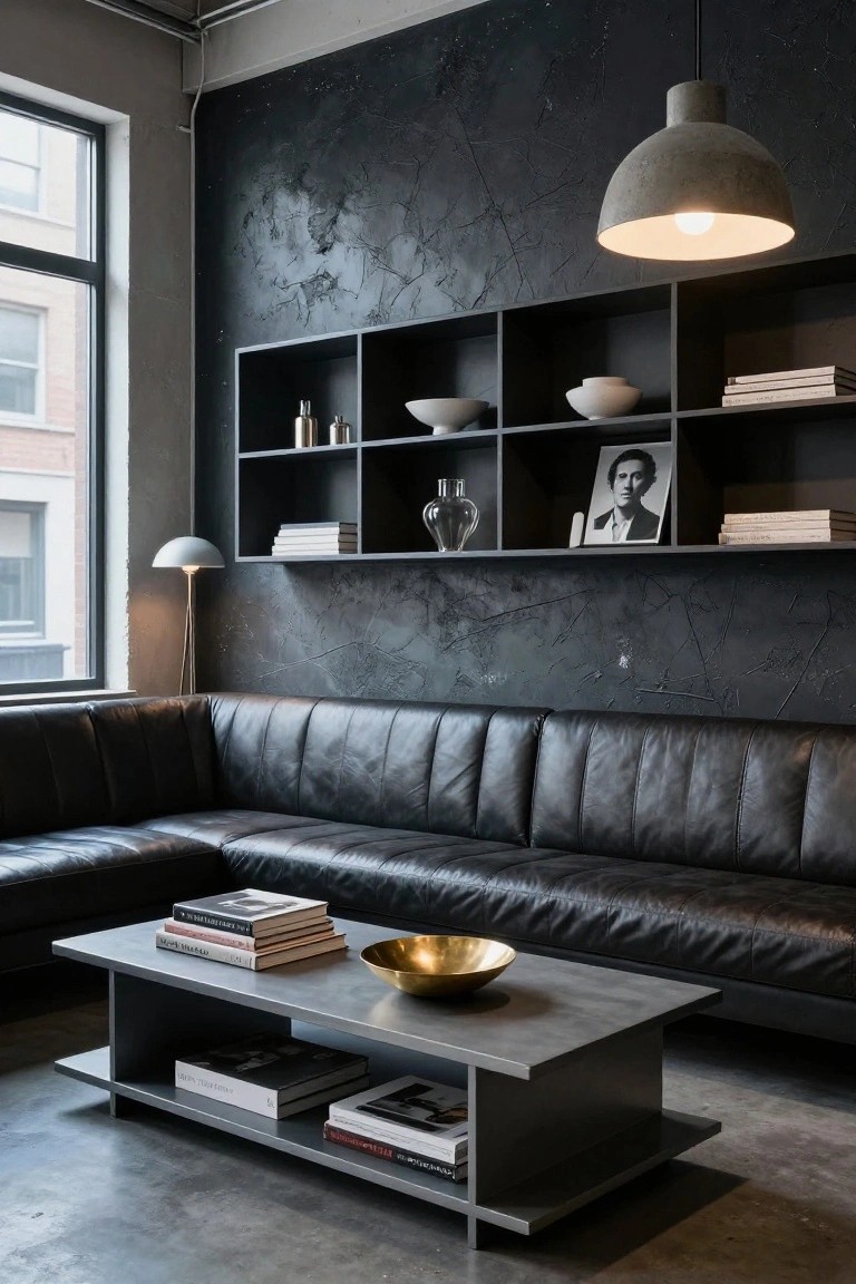 A living room corner with a black leather sectional sofa, gray coffee table, and built-in wall shelves holding books, bowls, and decor against a dark textured wall.