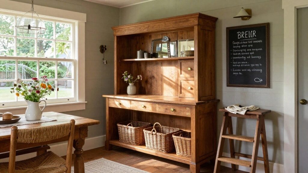 20 Gorgeous Dining Room Sideboard Ideas for Seamless Entertaining A dining room with a long wooden table, woven benches, a vase of flowers, and a large framed chalkboard on the wall.