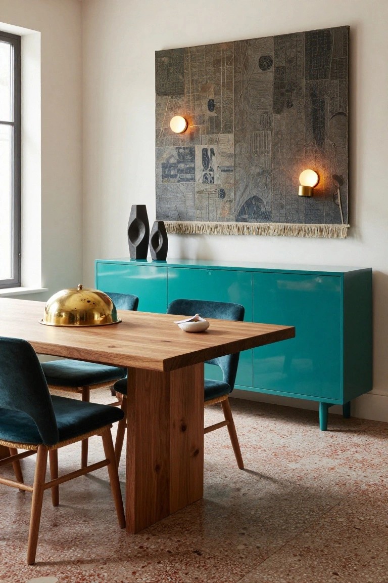 Modern dining room with teal sideboard, wooden table, and velvet chairs.