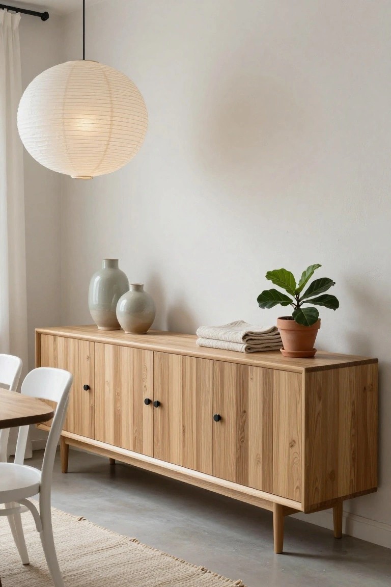 Minimalist wooden sideboard with vases, plant, and paper lantern.