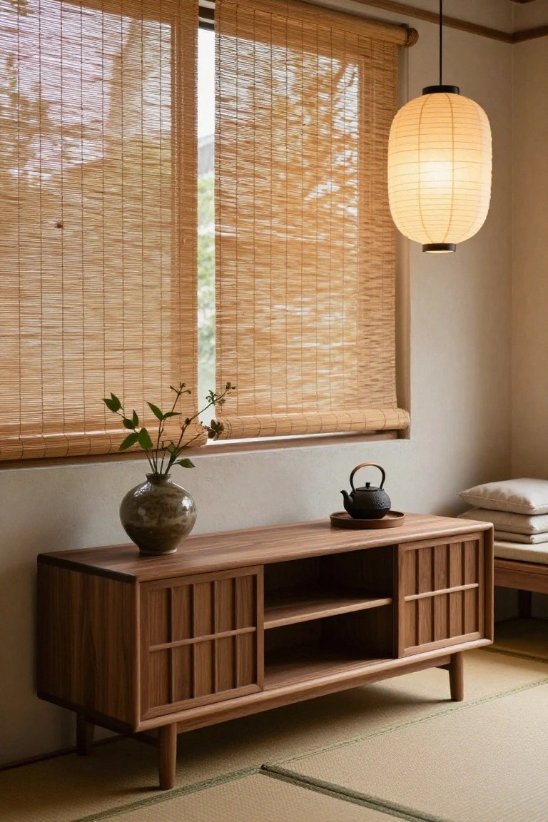 A low wooden sideboard with closed cabinets and an open center shelf sits beneath bamboo blinds in a room with tatami flooring.