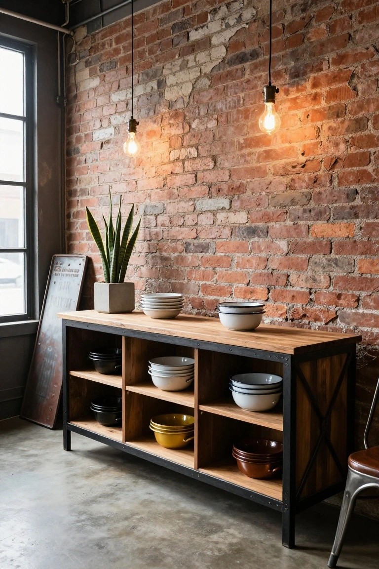 A long wooden sideboard with black metal frame and open shelves holding stacks of bowls sits against a red brick wall.
