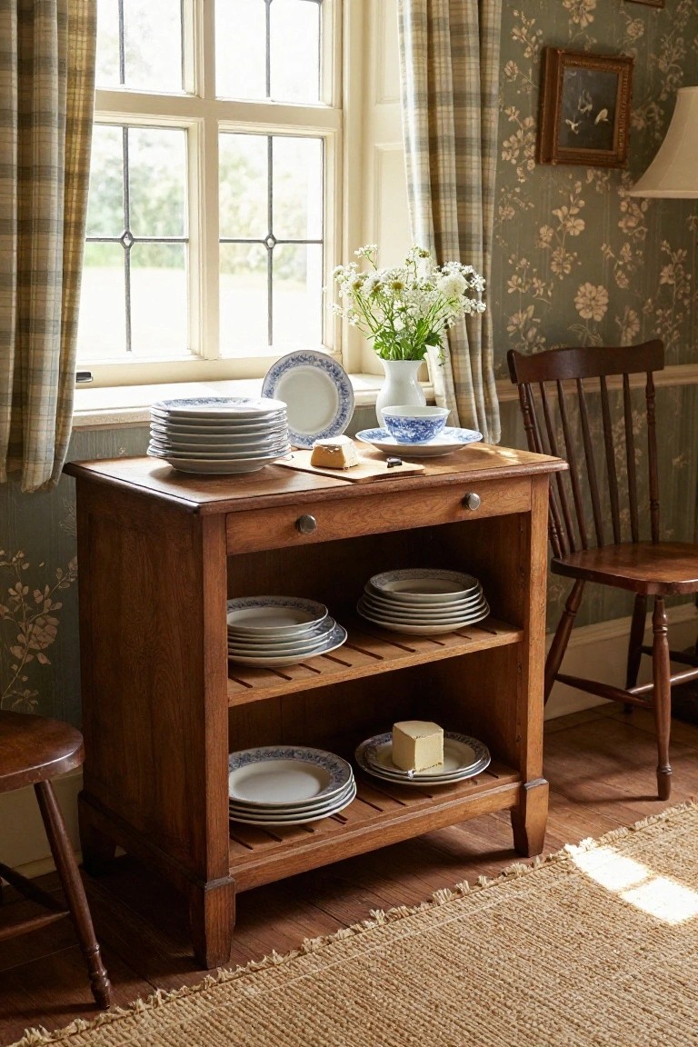 Wooden sideboard with stacked blue-patterned plates near a sunny window.