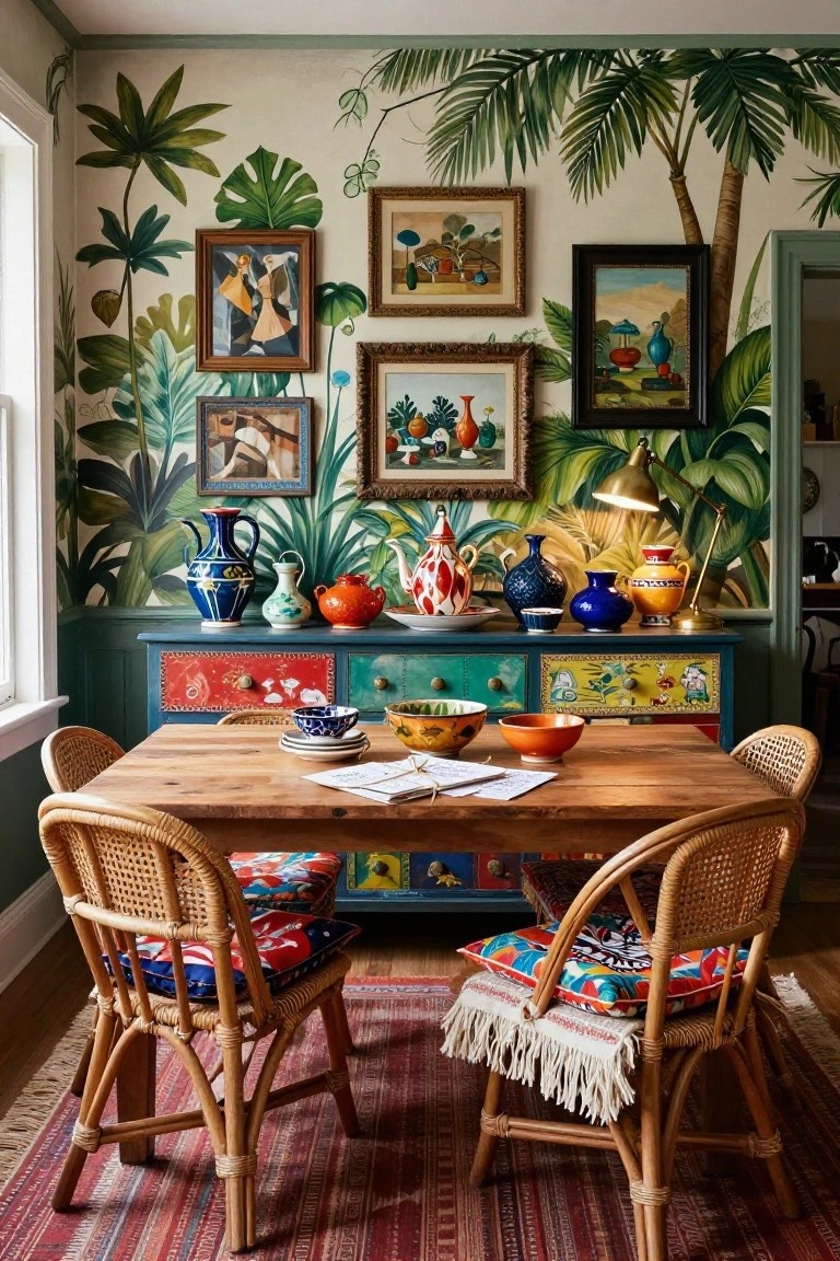 A dining room with a wooden table, rattan chairs, and a sideboard painted in multiple bright colors against tropical wallpaper.