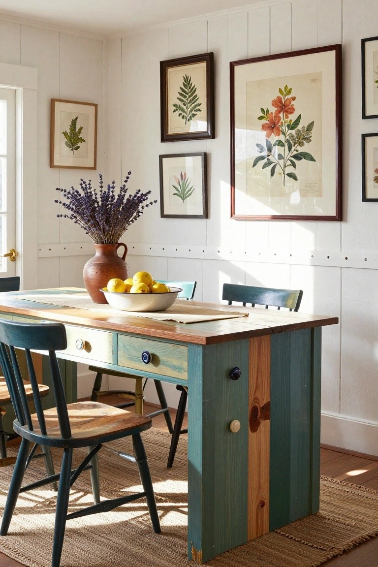 Rustic teal dining table with lemons, lavender, and botanical prints.