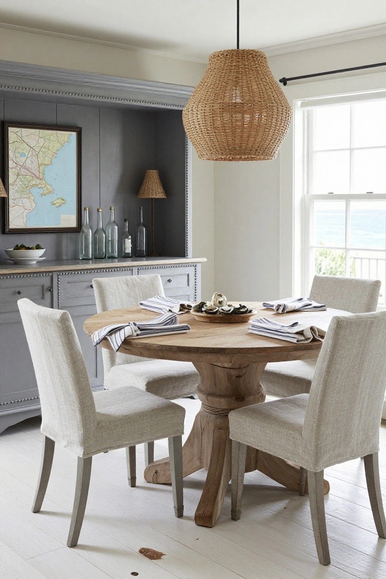 A round wooden dining table with woven pendant light and gray chairs.