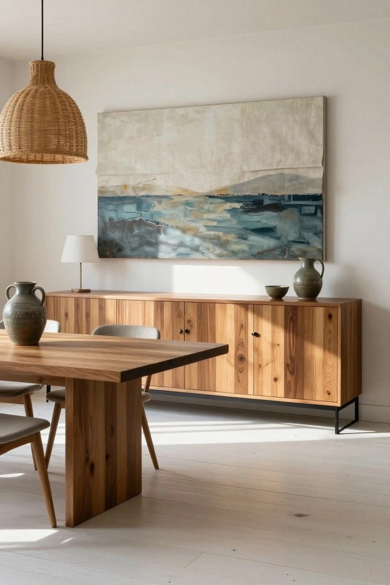 A wooden dining table sits in front of a long light wood sideboard with black handles, topped with a few ceramic pieces and a large abstract landscape painting above it.