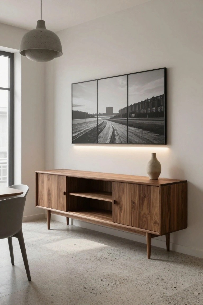 A low wooden sideboard with two cabinet doors and an open central shelf sits against a white wall beneath a large three-panel black and white photograph in a bright dining area.
