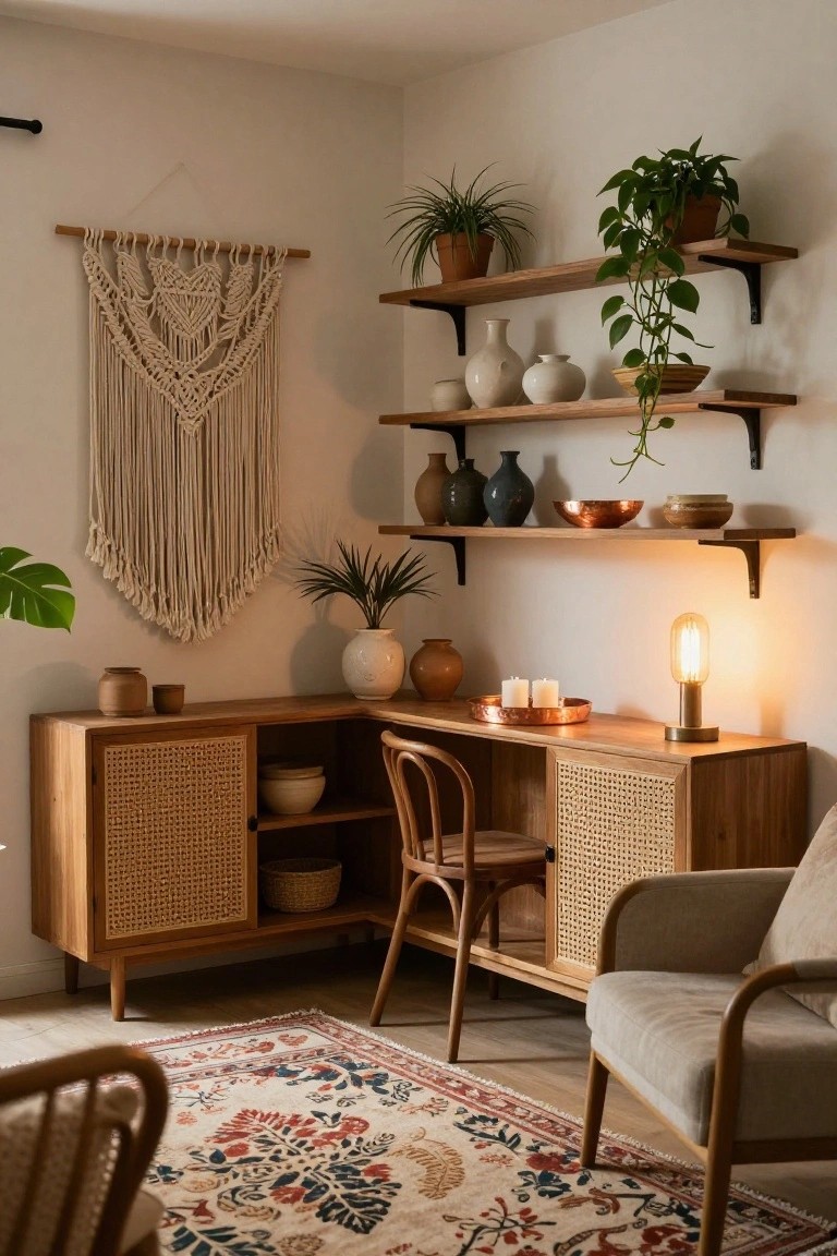 A wooden sideboard with cane doors and open shelving sits beneath floating wall shelves in a light-filled dining area.