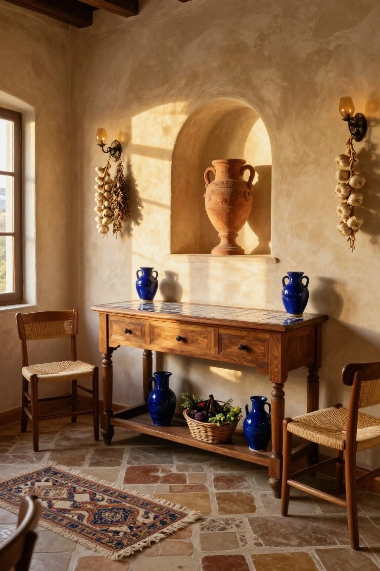 A wooden sideboard with a tiled top and open lower shelf holding blue vases and a produce basket sits against a textured wall beneath an arched niche.