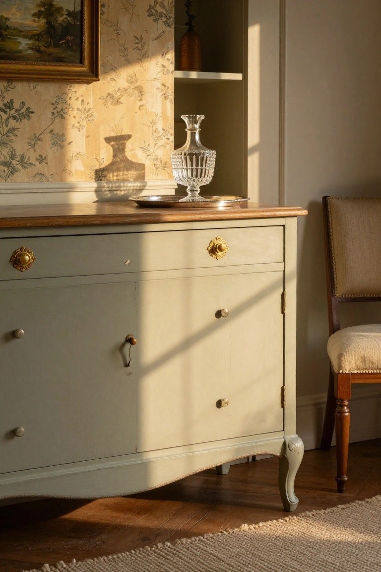 Sage green sideboard with gold hardware beside wooden chair in sunlit room.