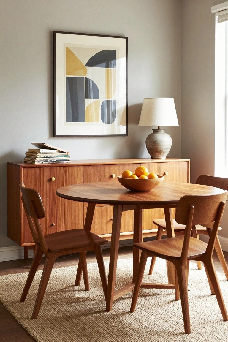 Mid-century wooden dining table with chairs, sideboard, and abstract art.