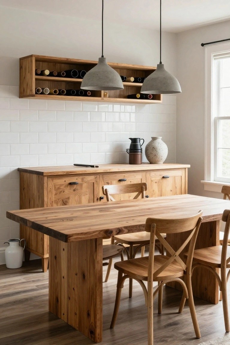 A wooden dining table and chairs sit in front of a long wooden sideboard with cabinets and drawers, topped with a few decorative items, and an open shelf above holding rows of wine bottles.