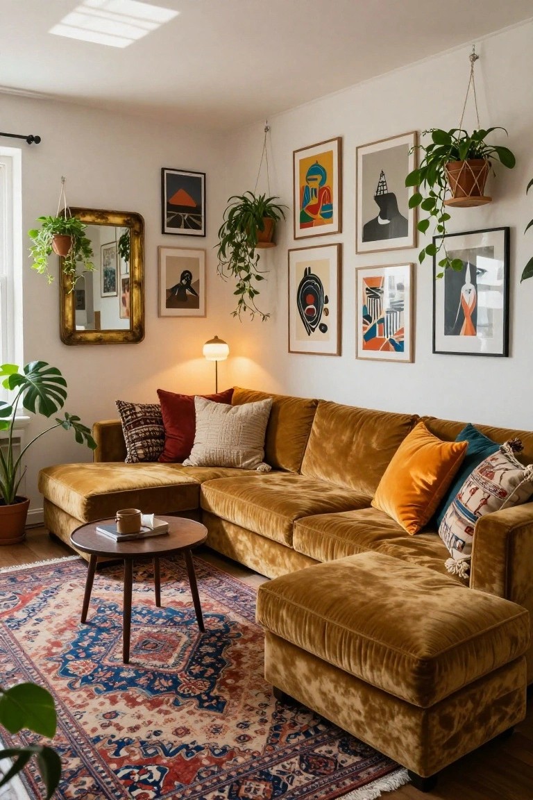 A living room corner with mustard velvet L-shaped sofa, assorted pillows, round wooden coffee table holding books and mug, hanging and potted plants, gold-framed mirror, gallery wall of framed art prints, floor lamp, and blue-red patterned rug on wood floor.