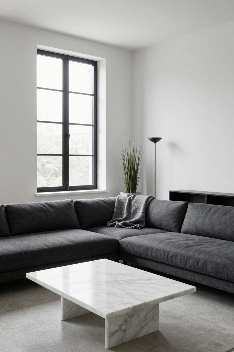 White corner room with dark gray L-shaped fabric sofa, white marble coffee table on light gray floor, tall potted grass plant, black arc floor lamp, and black-framed window overlooking trees.