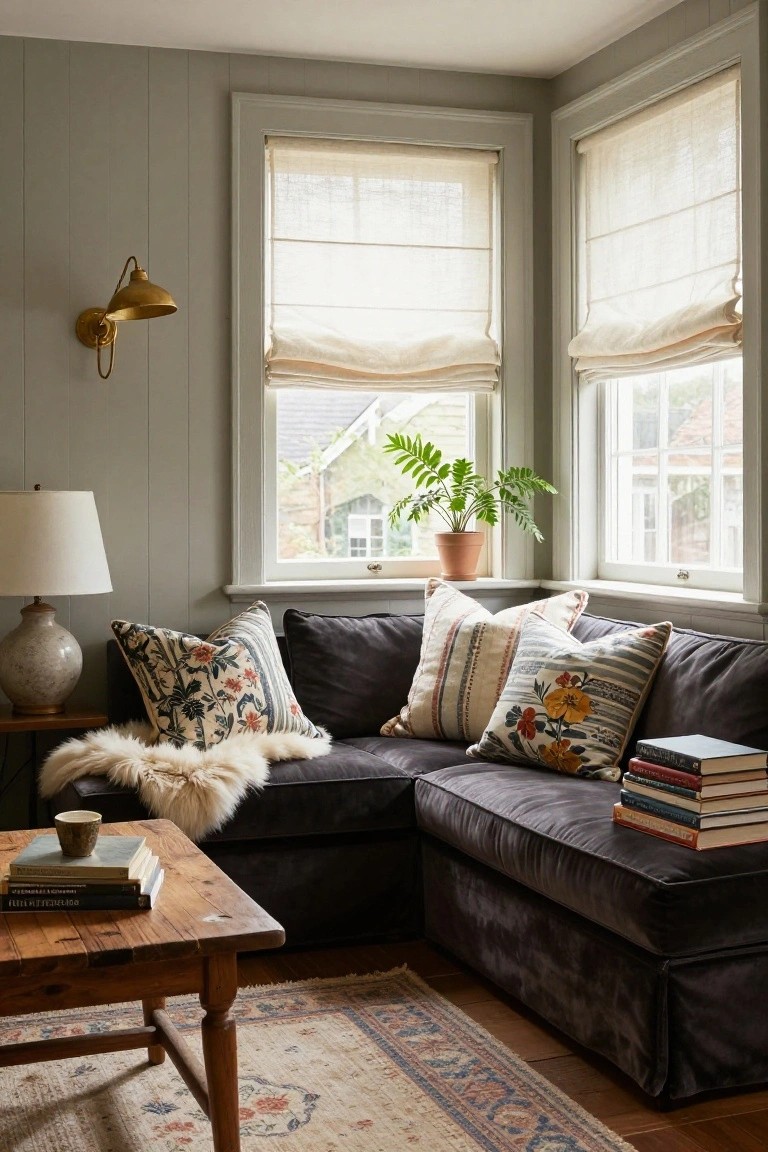 Corner of a living room with dark velvet L-shaped sofa against pale green paneled walls, two large windows with linen shades, wooden coffee table holding books and mug, floor lamp, potted fern on windowsill, and patterned rug.