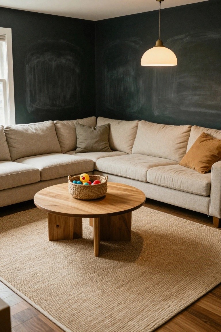 Beige L-shaped sofa in a corner of a living room with dark chalkboard walls, round wooden coffee table holding a woven basket of colorful toys, seagrass rug on hardwood floors, and pendant light overhead.