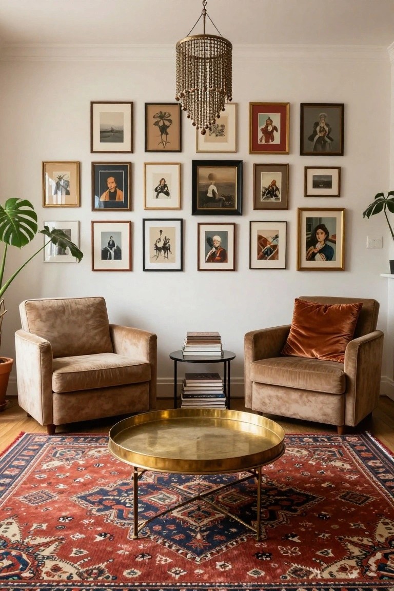 A living room features two beige velvet armchairs facing each other across a brass tray coffee table on a red and blue Persian rug, with a large eclectic gallery wall of framed artwork on white walls and potted monstera plants flanking the seating area.