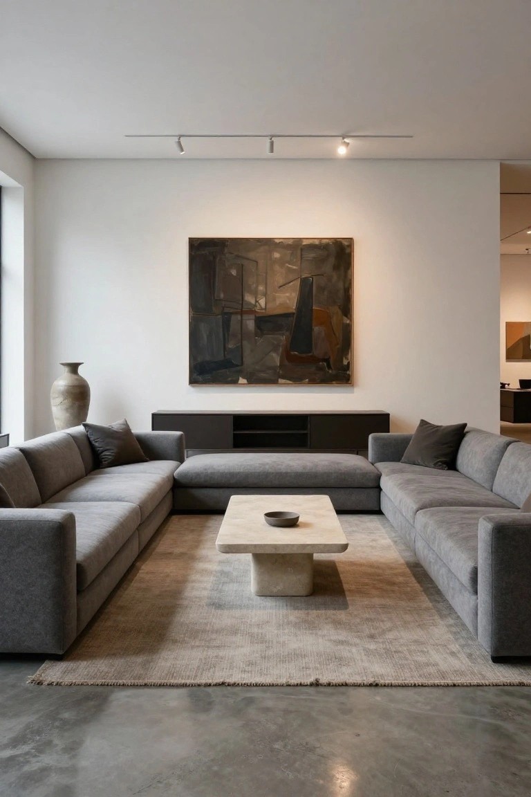Modern living room featuring two gray L-shaped fabric sofas facing each other across a low rectangular travertine coffee table on a large neutral rug, with a tall terracotta vase, abstract painting on white wall, media console, and polished concrete floor.