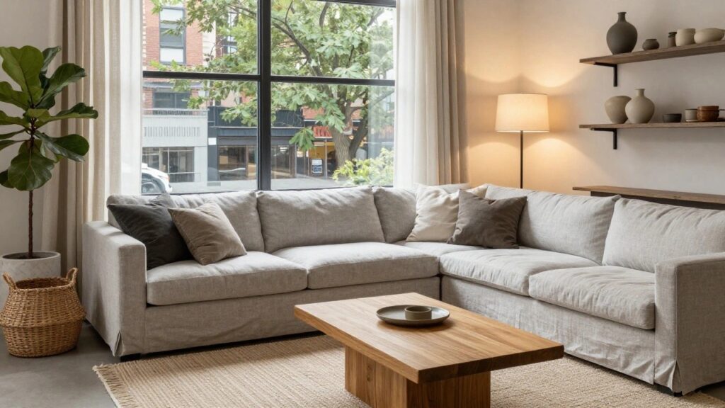 Light gray L-shaped sofa in a corner of a white-walled living room next to black-framed windows with sheer curtains, wooden coffee table with black bowl, potted ficus plant, shelves with ceramics, and floor lamp.
