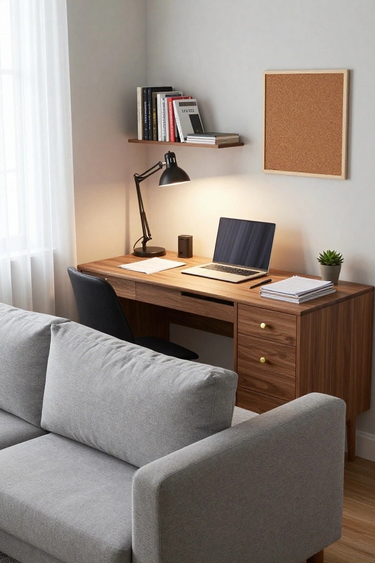 Gray L-shaped sofa adjacent to a wooden desk with black office chair, laptop, lamp, plant, and wall shelves in a beige corner room with sheer curtains.
