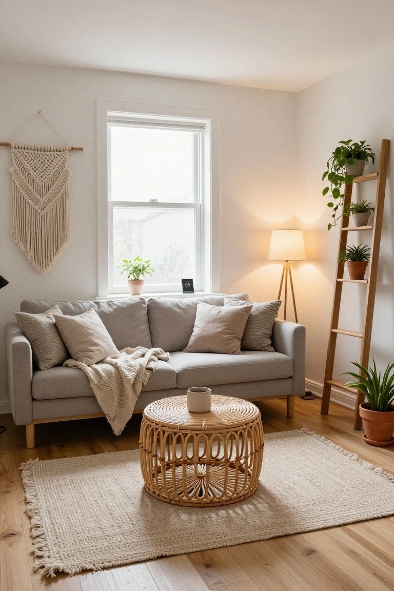 Light gray L-shaped sofa with pillows and throw blanket in a white-walled living room, positioned near a window with plants on a wooden ladder shelf, rattan coffee table on a cream rug, and macrame wall hanging.