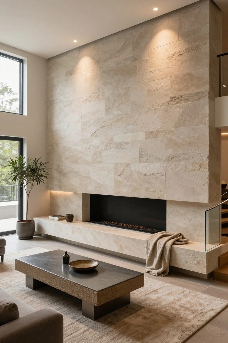 Modern living room interior featuring a tall beige stone-clad wall with linear black gas fireplace, L-shaped gray sofa, bronze-edged coffee table, potted palm tree, and neutral rug.