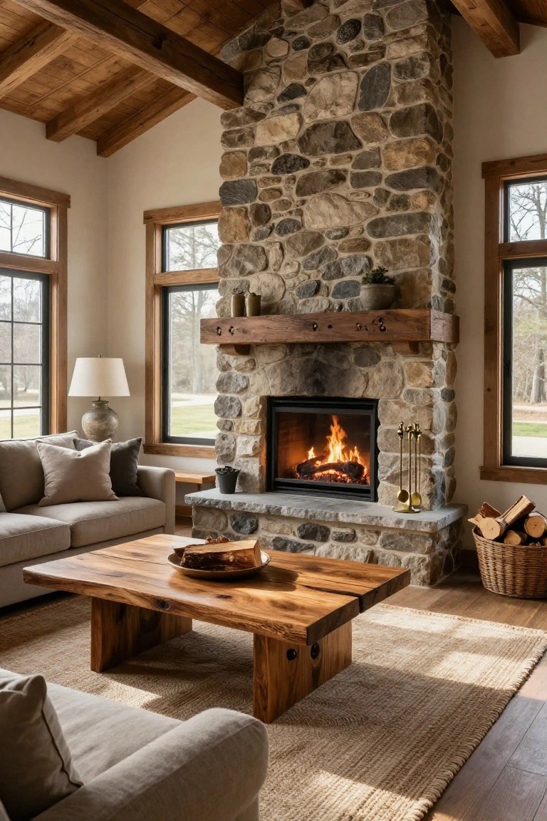 Living room with light gray L-shaped sofa positioned in front of tall fieldstone fireplace, wooden coffee table holding a wooden tray, seagrass rug, large windows, and firewood basket.
