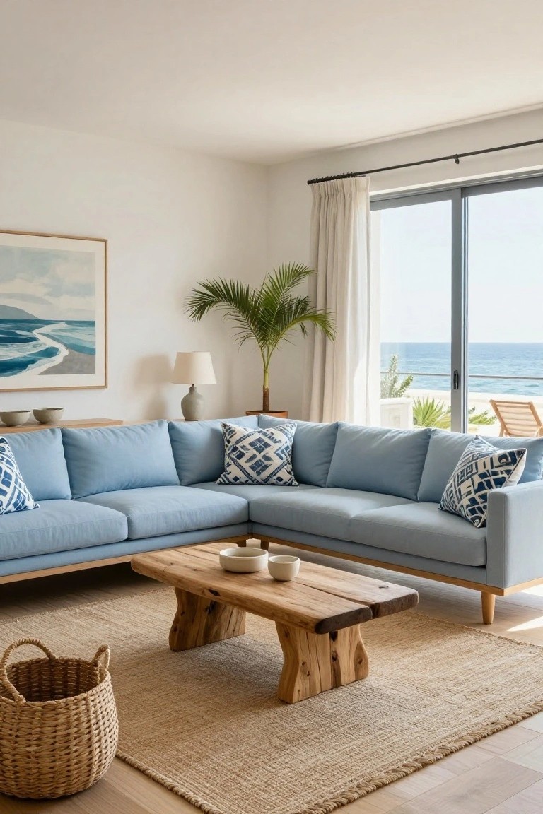 Light blue L-shaped fabric sofa in a white-walled living room with large sliding glass doors to the ocean, wooden coffee table with ceramics, potted palm plant, seagrass rug, and wicker basket on light wood floors.