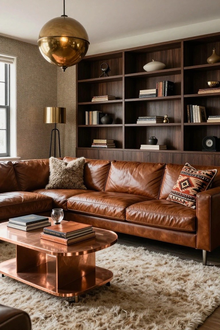 A living room with a tan L-shaped leather sofa positioned against dark wood built-in bookshelves, a copper coffee table in front, gold floor lamp, and gold pendant light overhead.
