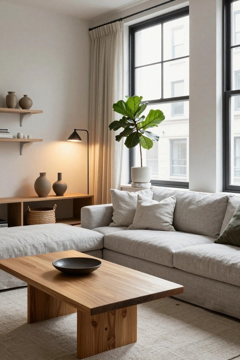 Light gray L-shaped sofa in a corner of a white-walled living room next to black-framed windows with sheer curtains, wooden coffee table with black bowl, potted ficus plant, shelves with ceramics, and floor lamp.