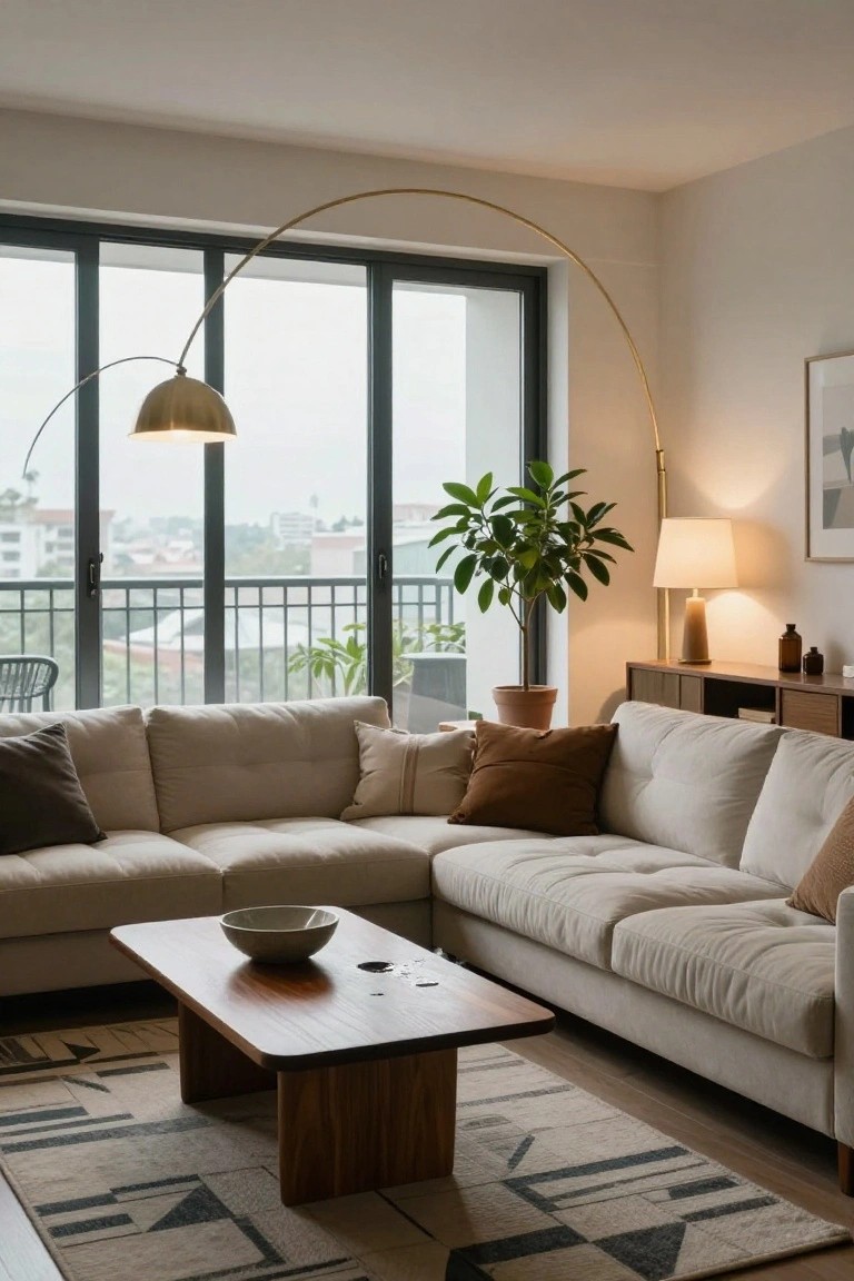 Beige L-shaped sofa positioned in the corner of a modern living room next to floor-to-ceiling sliding glass doors with a balcony view, wooden low coffee table in front, arch floor lamp, potted plants, and side table with lamp.