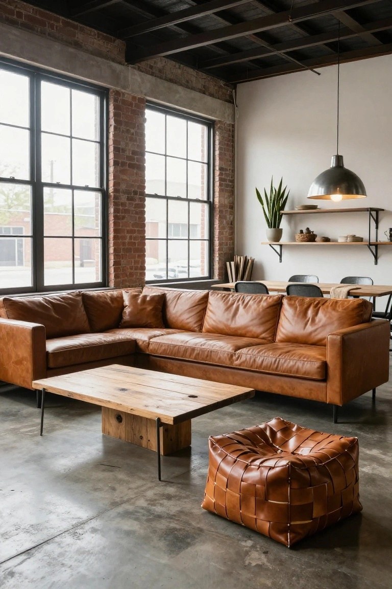 Industrial loft living room featuring a tan leather L-shaped sectional sofa, rustic wood coffee table on metal legs, woven leather ottoman, dining table with chairs, exposed brick walls, and large factory-style windows.