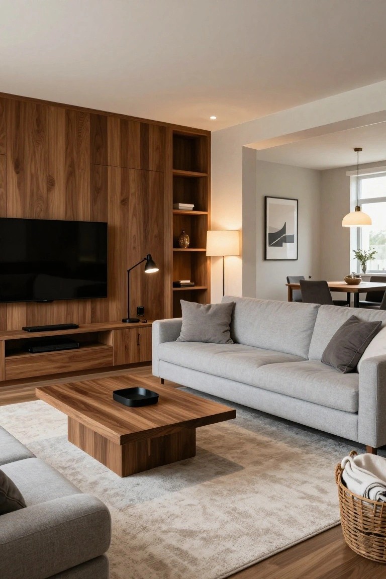 Modern living room with gray L-shaped sofa against wooden paneled wall featuring TV and storage, low wooden coffee table on beige rug, and open connection to adjacent dining area.