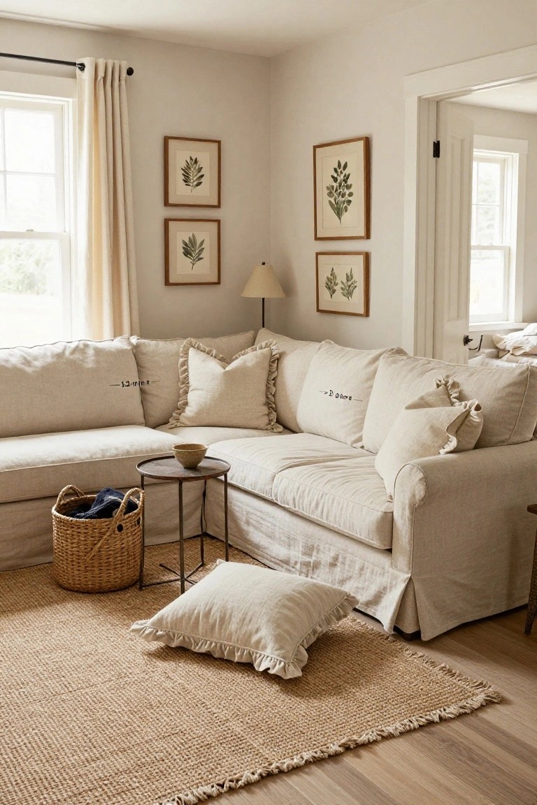 Cream linen L-shaped sofa in a light beige living room corner with ruffled pillows, botanical leaf prints on walls, seagrass rug, wicker laundry basket, and small metal side table.