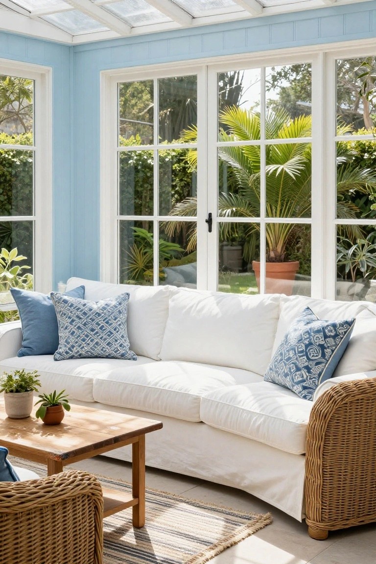 Bright sunroom with white sofa, blue pillows, and wicker furniture.