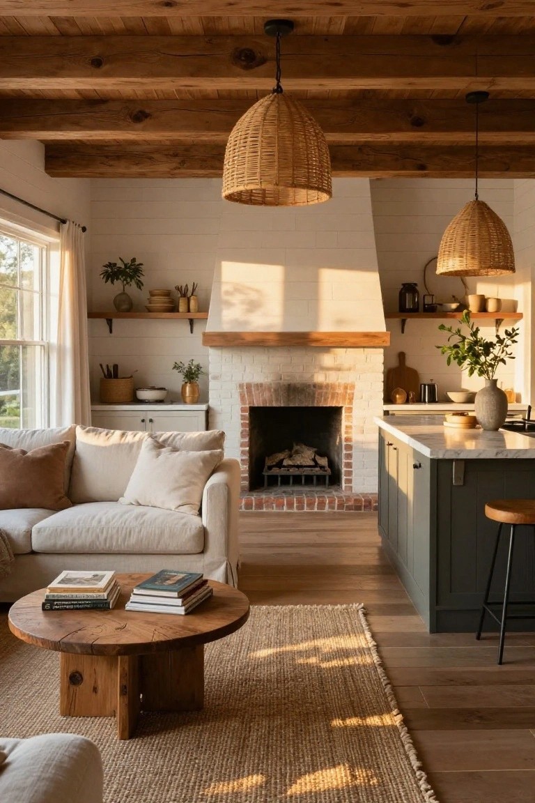 Open-plan living room featuring a light beige L-shaped sofa facing a brick fireplace, with a round wooden coffee table holding stacked books on a jute rug, rattan pendant lights overhead, wooden beams on the ceiling, and a green kitchen island nearby.