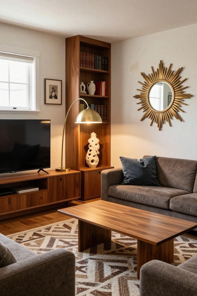 Living room with two gray fabric sofas in an L-shape around a rectangular wooden coffee table on a patterned rug, wooden TV stand and bookshelves nearby, brass arc lamp, white textured vase, and gold sunburst mirror on white walls.