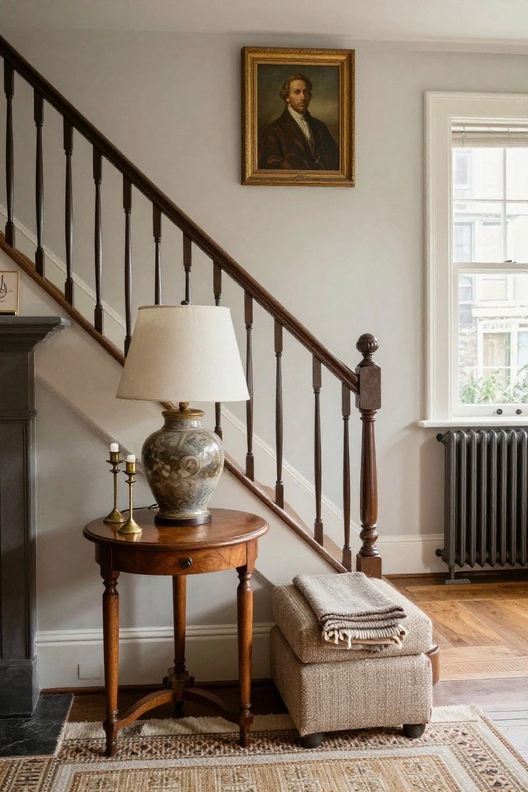 Gray-walled interior with wooden staircase, small round wooden table holding ceramic lamp and brass candlesticks, beige stool with folded blankets nearby, marble fireplace, antique portrait, and window with radiator.