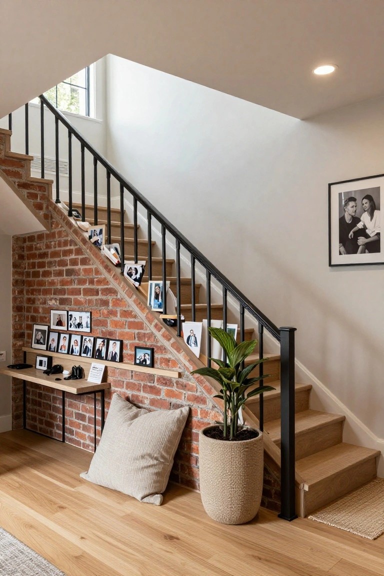 Wooden staircase with black metal railing against exposed brick wall featuring photo gallery shelves, console table with black accessories and sign, large beige floor pillow, potted plant in textured pot, and light oak hardwood floors in a bright interior space.