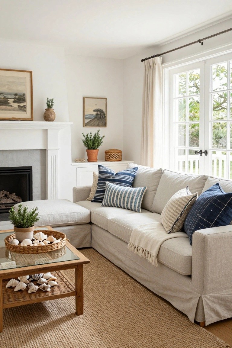 Light beige L-shaped sofa in a white-walled living room corner with assorted navy blue striped and patterned pillows, a glass-top wooden coffee table holding seashells and plants, a fireplace, potted greenery, and large curtained windows showing trees outside.