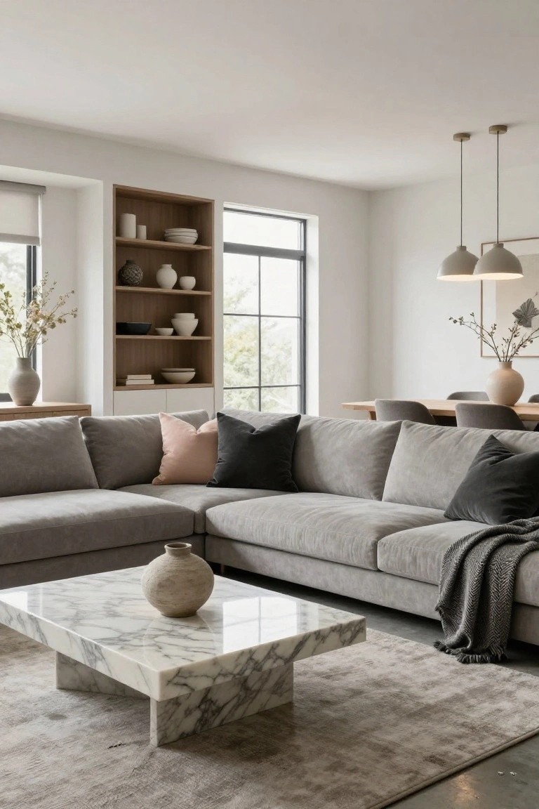 Gray L-shaped sofa in a modern living room with blush pink and black pillows, marble coffee table with vase, built-in shelves, dining area in background, and pendant lights.