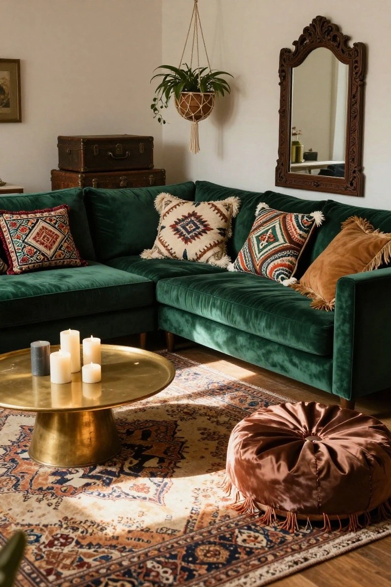 Green velvet L-shaped sofa in a living room corner with colorful patterned fringed pillows, brass coffee table with candles, large pouf, Persian-style rug, hanging plant, and stacked vintage suitcases nearby.