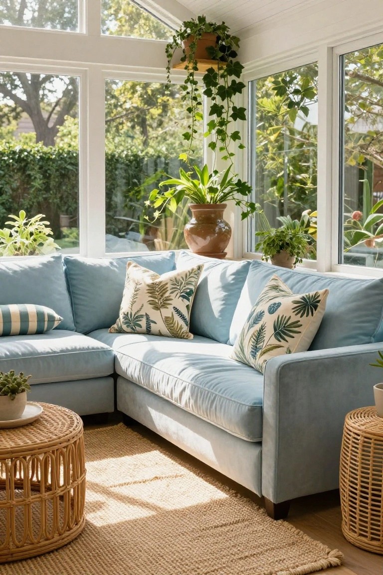 Light blue L-shaped velvet sofa in a sunroom with large cream leaf-print pillows, green accents, a striped pillow, rattan side tables, seagrass rug, and numerous potted plants near large windows.