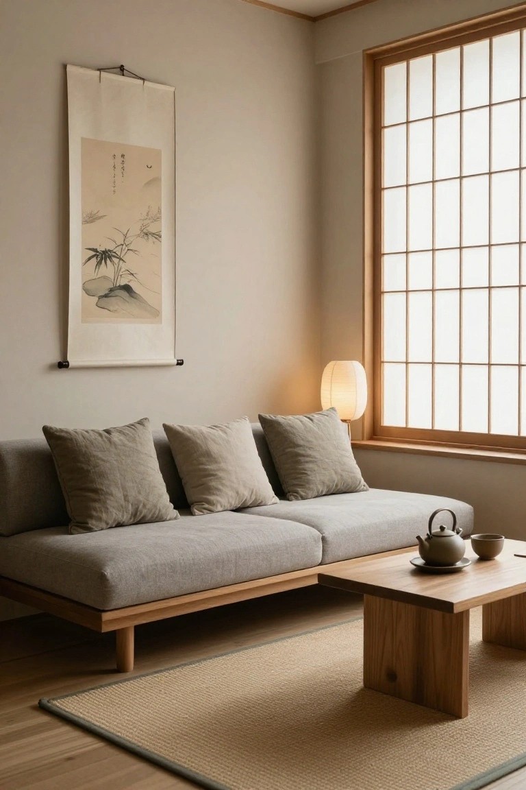 Beige low-profile L-shaped sofa with multiple stacked linen pillows against a wall and window in a minimalist room with wooden table, teapot, cups, lamp, and hanging scroll.